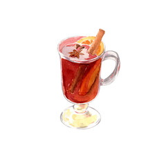Watercolor illustration of mulled wine isolated on white background. Autumn handmade illustration. Isolated illustrations with no background.