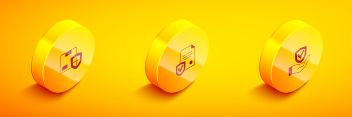 Fototapeta na wymiar Set Isometric Delivery security with shield, Contract and Shield in hand icon. Vector