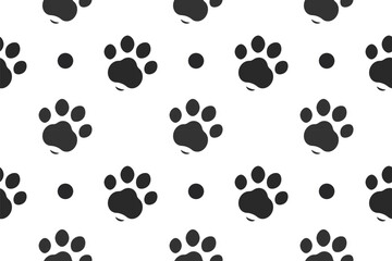 Fototapeta na wymiar Trendy and modern vector black paw pattern seamless. Cute cat dog paws background. Paw print. Dalmatian print 