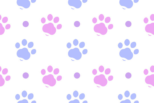 Vector pink blue purple paw pattern seamless. Cute cat dog paw