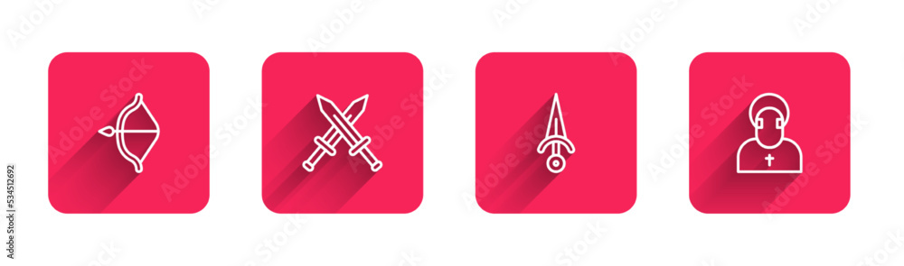 Poster set line medieval bow and arrow, crossed medieval sword, dagger and monk with long shadow. red squar