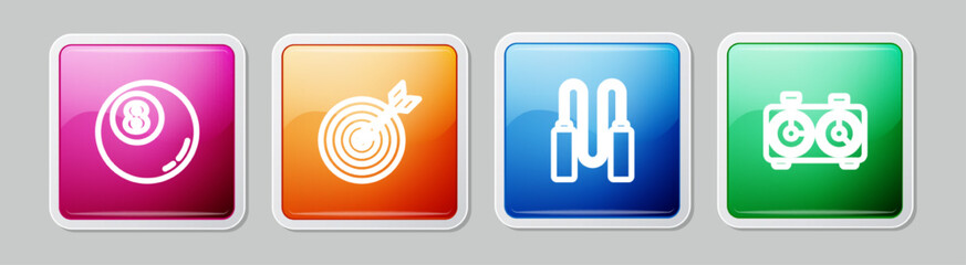 Set line Billiard pool snooker ball, Target with arrow, Jump rope and Time chess clock. Colorful square button. Vector