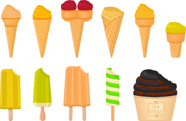 big kit ice cream popsicle different types in cone waffle cup