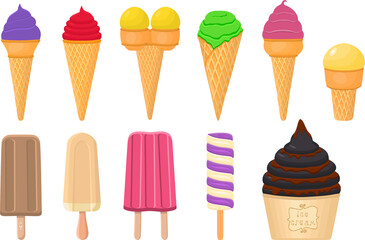 big kit ice cream popsicle different types in cone waffle cup