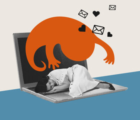 Contemporary art collage. Conceptual image with depressed young woman lying on laptop and suffering...