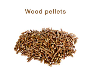 Wood pellets biofuel from mixed decidouos forest isolated on white background, Natural pile of wood pellets,Organic biofuels texture,Eco-friendly renewable organic biofuel.