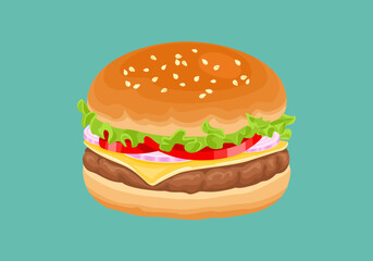 Hamburger or cheeseburger. Vector cartoon illustration. Fast food icon.