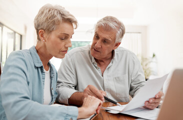 Finance, retirement and a couple online with budget or strategy plan with documents. Laptop,...