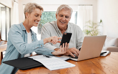 Phone, laptop and finance with a senior couple working on a will, savings or investment with documents in their home. Money, growth and retirement with an elderly man and woman planning their pension - obrazy, fototapety, plakaty