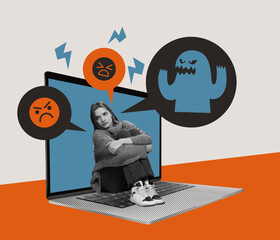 Contemporary art collage. Conceptual image with young woman sitting on laptop and receiving...