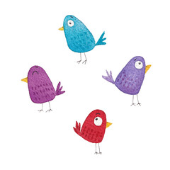Four funny birds. Watercolour illustration 