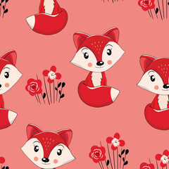 Seamless pattern with cute fox baby on color background. Funny forest animals. Card, postcards for kids. Flat vector illustration for fabric, textile, wallpaper, poster, paper