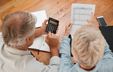 Budget, finance and senior couple with calculator planning financial investments, mortgage and tax papers. Elderly woman counting bills, debt and pension fund on bank statement with partner at home - obrazy, fototapety, plakaty