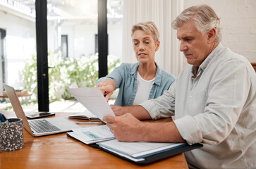 Fototapeta na wymiar Retirement couple budget, finance and investment planning, loan and paper bills for online banking at home. Senior man, woman and people reading tax money report, cash savings and admin document note