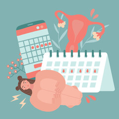 Unwell girl suffering from stomachache, abdominal pain during periods. Female period problems. Woman painful having menstruation on background of big calendar. Flat vector illustration.