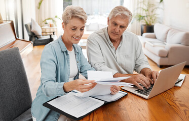 Retirement couple budget, finance and investment planning, loan and paper bills with laptop...