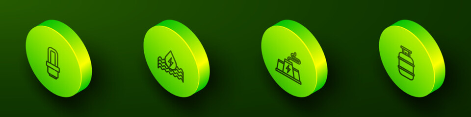 Set Isometric line LED light bulb, Water energy, Power station plant factory and Propane gas tank icon. Vector