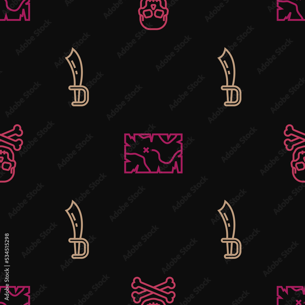 Poster set line skull on crossbones, pirate sword and treasure map on seamless pattern. vector