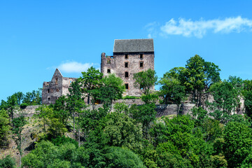Osłoneczniony zamek Świny w lecie na Dolnym Śląsku niedaleko Bolkowa