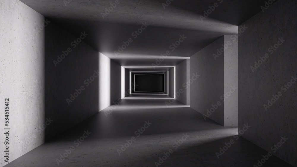 Poster 3d render, abstract background with empty dark tunnel, endless corridor, illuminated with light