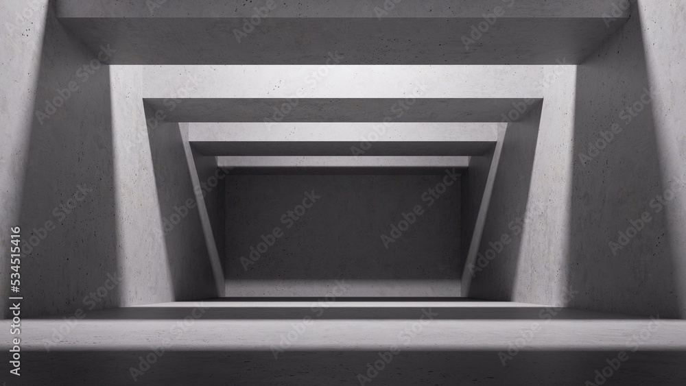 Poster 3d rendering, abstract industrial background with dark empty room, illuminated with bright light