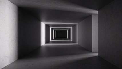 3d render, abstract background with empty dark tunnel, endless corridor, illuminated with light