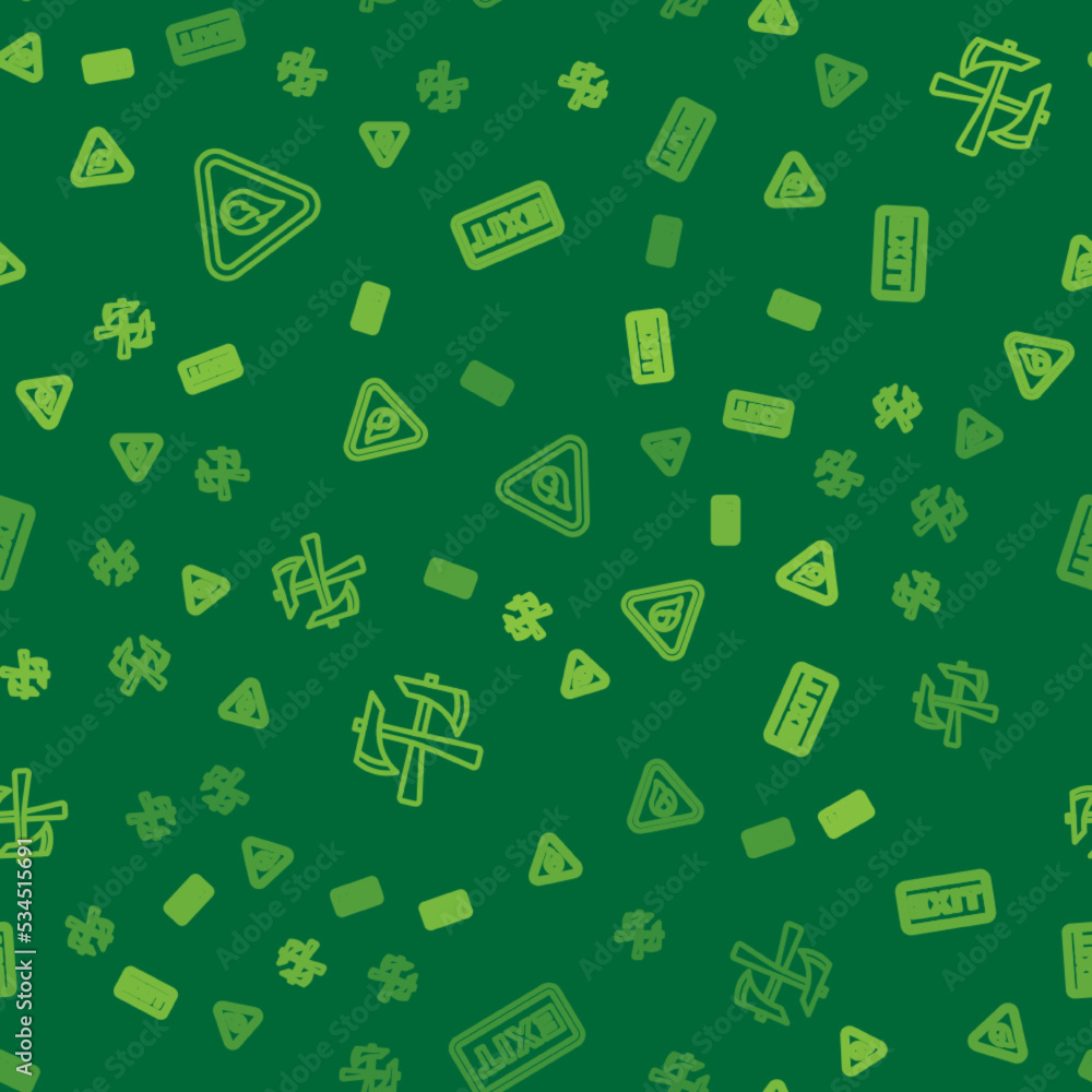Poster set line fire flame in triangle, firefighter axe and exit on seamless pattern. vector