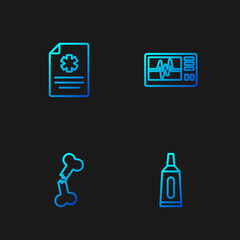 Set line Ointment cream tube medicine, Human broken bone, Clinical record and Monitor with cardiogram. Gradient color icons. Vector