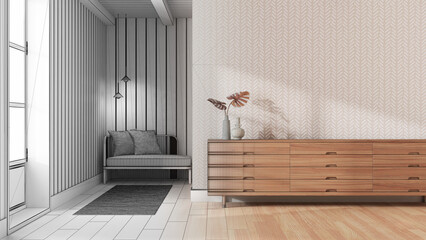 Architect interior designer concept: hand-drawn draft unfinished project that becomes real, japandi living room. Wooden chest of drawers with wall mockup