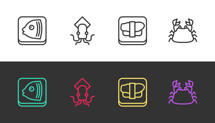 Set line Fish head, Octopus, Sushi on cutting board and Crab on black and white. Vector