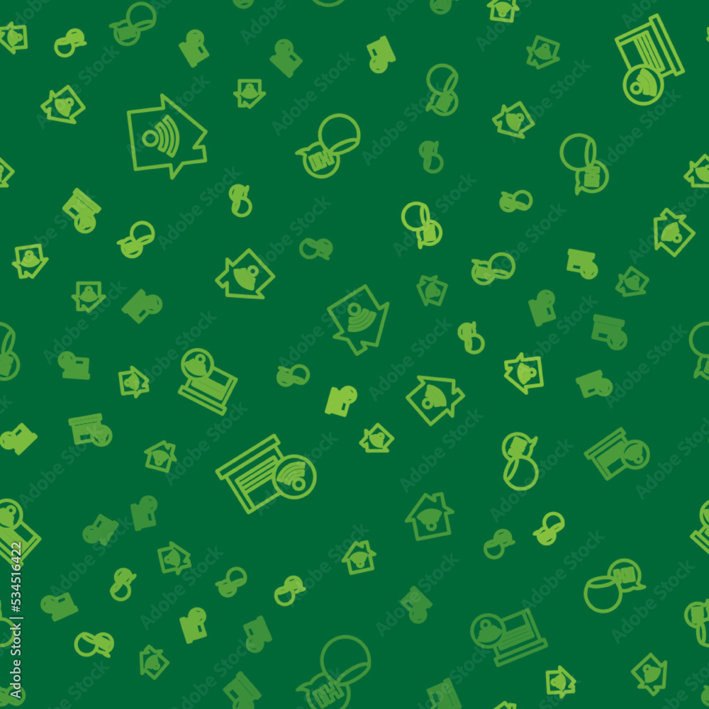 Poster set line smart home with wi-fi, garage and voice assistant on seamless pattern. vector