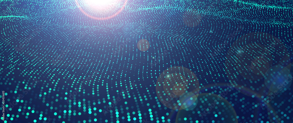 Poster Futuristic particle surface wave. Wavy grid of cyber dots. Hi-tech network 3D illustration