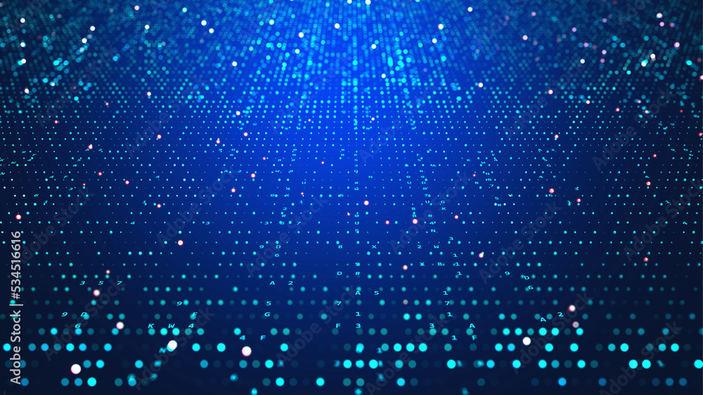 Poster Futuristic particle surface wave. Wavy grid of cyber dots. Hi-tech network 3D illustration