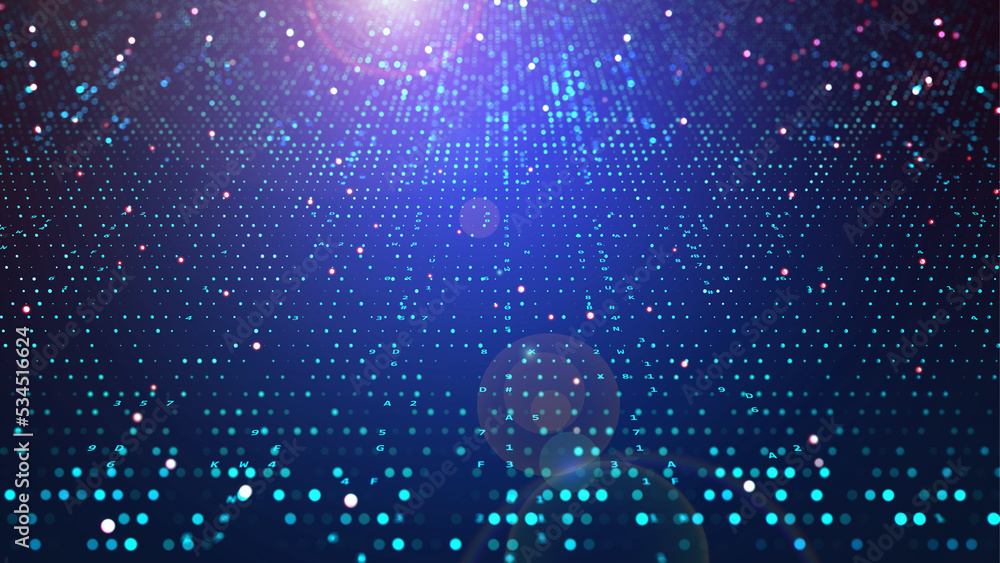 Poster Neural data field 3D illustration. Cyber network data particles
