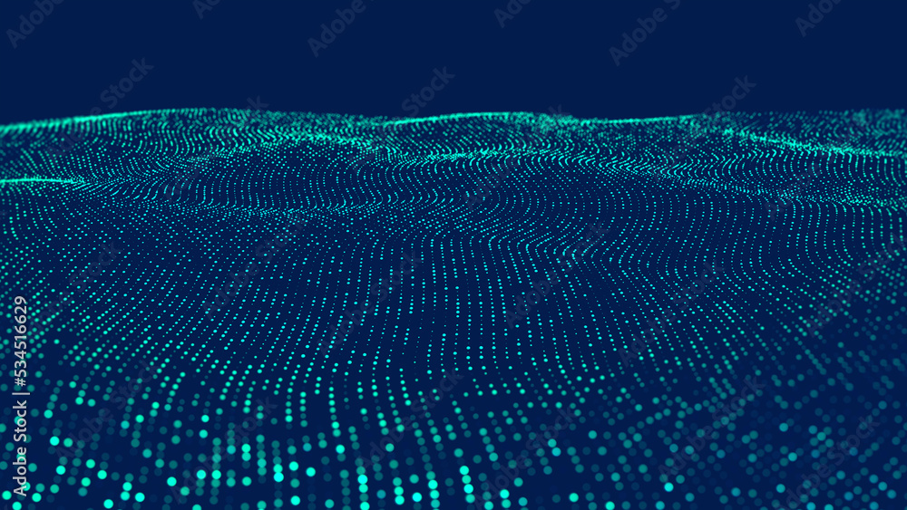 Poster Neural data field 3D illustration. Cyber network data particles