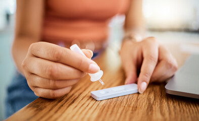 A medical, home covid test using antigen technology to check coronavirus antibody and keep people safe. Express health testing for covid 19 virus detection, isolation and quarantine in pandemic