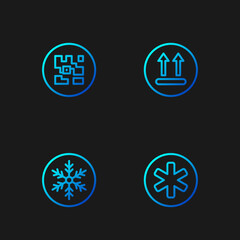 Set line Medical symbol of the Emergency, Snowflake, QR code and Temperature wash. Gradient color icons. Vector