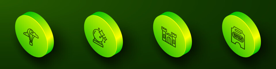 Set Isometric line Hot air balloon, Magic, Castle and Circus ticket icon. Vector