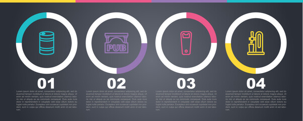 Set line Metal beer keg, Street signboard with Pub, Bottle opener and Beer tap glass. Business infographic template. Vector