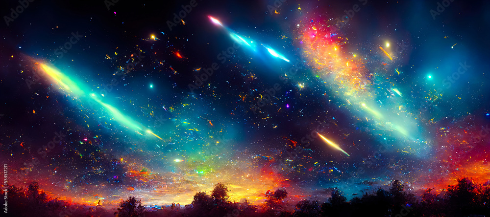 Poster abstract background of outer space with ultra bright stars and comets on the theme of explosions and life in space