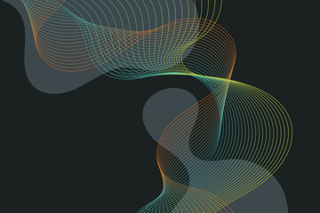Abstract curved grid wave with flat wavy splash spots on black background. Twisted gradient outline shape illustration