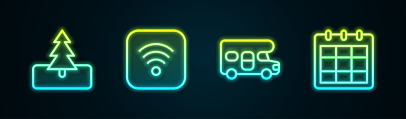 Set line Tree, Wi-Fi wireless internet, RV motorhome vehicle and Calendar. Glowing neon icon. Vector