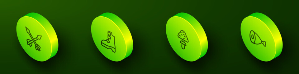 Set Isometric line Medieval arrows, Ancient viking boots, Mushroom and Chicken leg icon. Vector