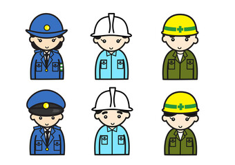 様々な職業の人々、警察、作業員、