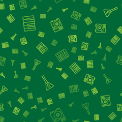 Set line Music synthesizer, Balalaika and Guitar amplifier on seamless pattern. Vector