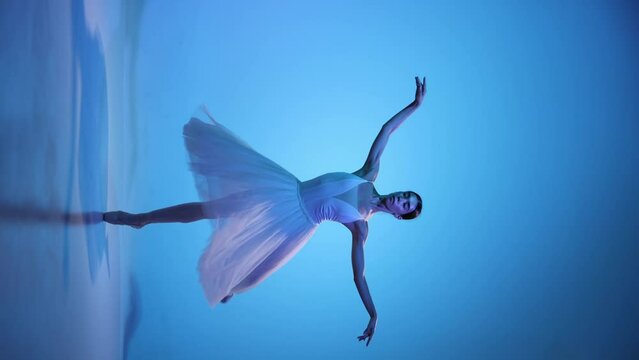 Solo. Beautiful and graceful young woman, professional ballet dancer dancing over blue background. Art, fantasy, flexibility, inspiration concept.