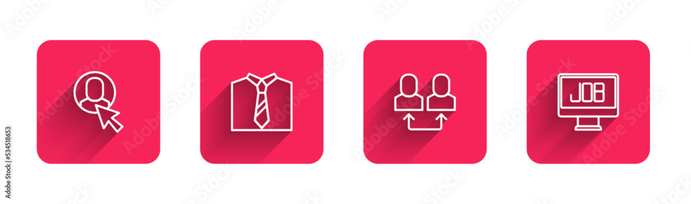 Poster set line worker, tie, exchange work and search job with long shadow. red square button. vector
