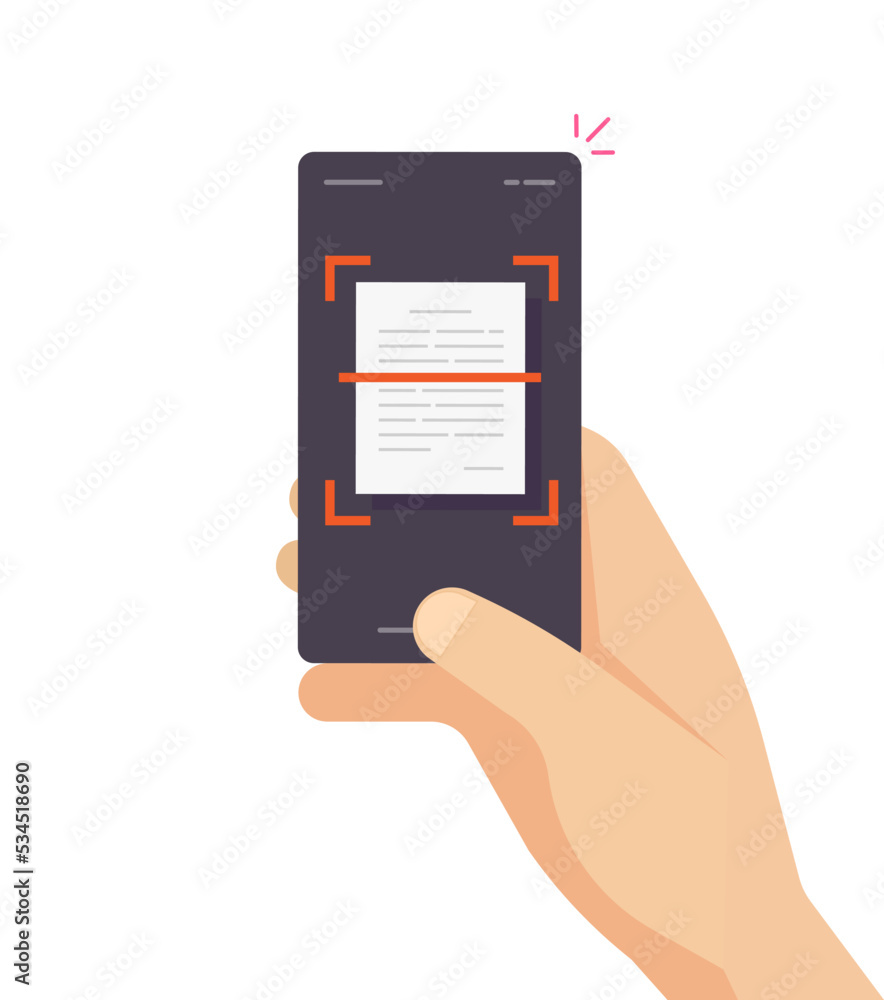 Poster person scanning text document via mobile cellphone vector illustrated design, recognize scan of doc 