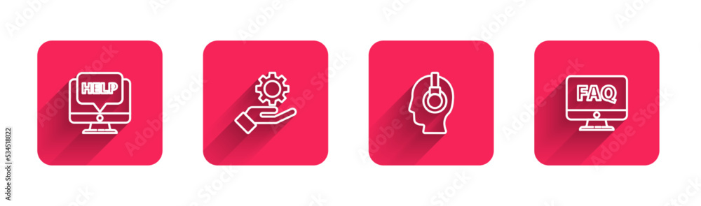 Poster set line computer monitor and help, settings in the hand, support operator touch and faq with long s
