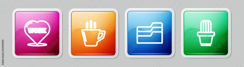 Poster set line heart with text work, coffee cup, document folder and cactus and succulent in pot. colorful